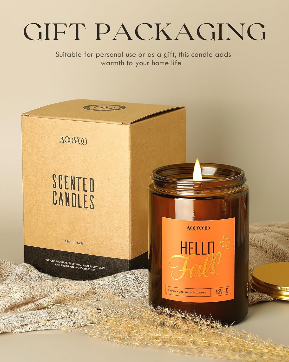 AOOVOO Hello Fall Candles - 22 oz Scented Candles, Aromatherapy Candle, Soy Candle for Home Scented