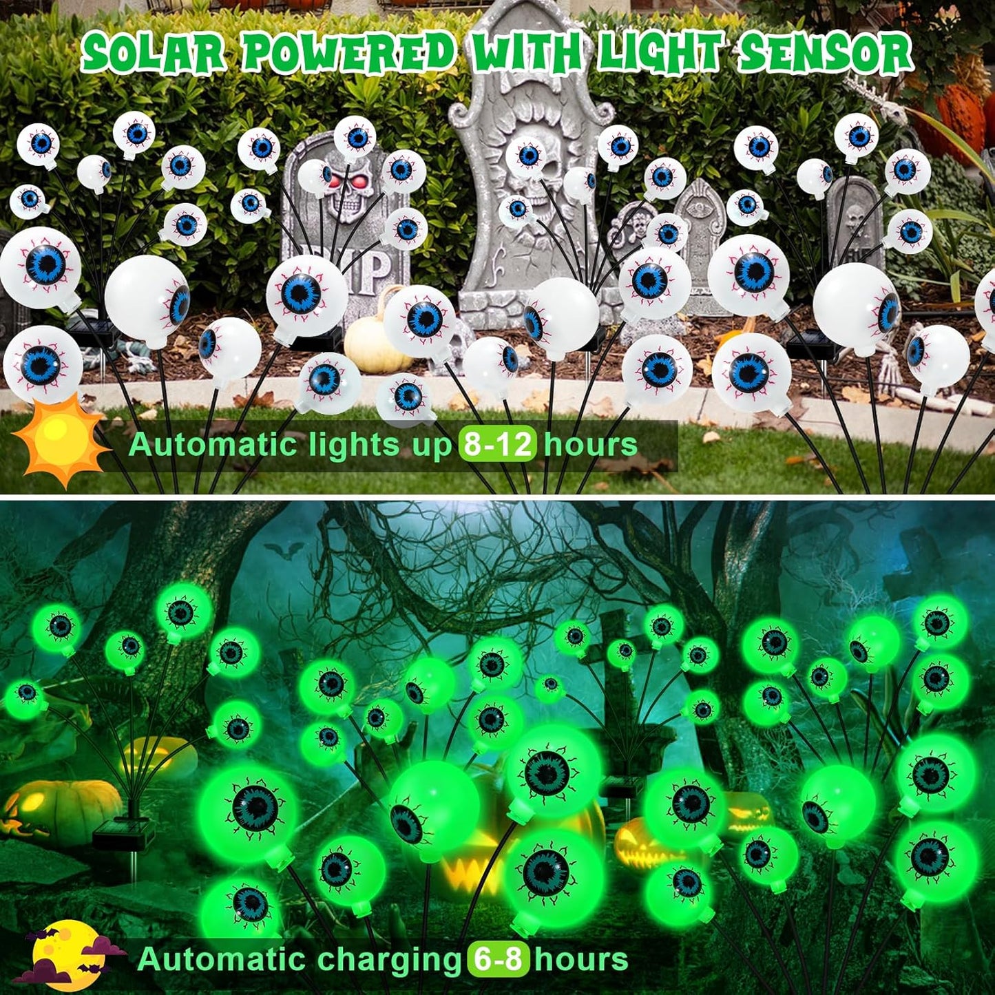 Solar Halloween Decorations, 4 Pack 24 LED Spooky Eyeball Lights, Outdoor Waterproof Solar Green Firefly Lights for Garden Yard Patio Pathway Lawn Halloween Party