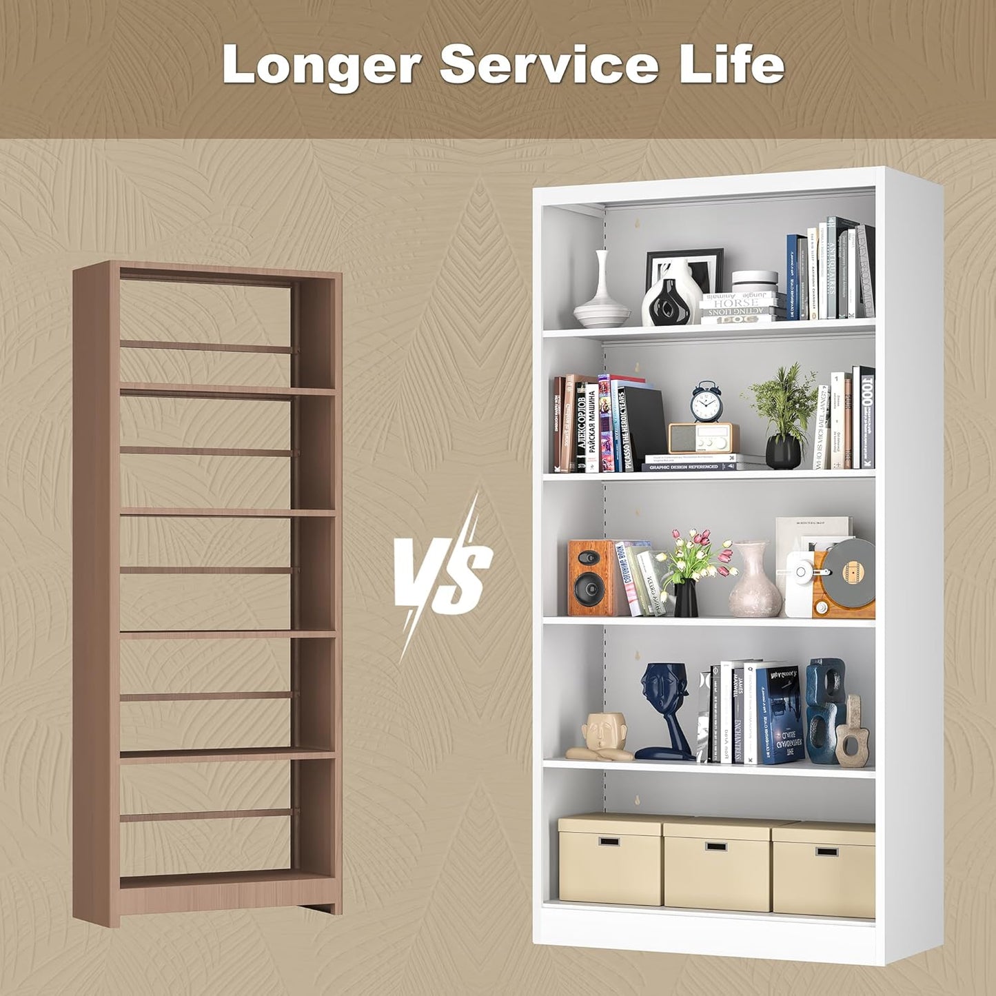 Metal Bookcase, 14" Deep Bookshelf, 66" Tall Bookcases with Adjustable Shelves, 5 Shelf Bookcase, Industrial Bookshelves and Bookcases for Living Room, Office, Library. White Book Shelf.