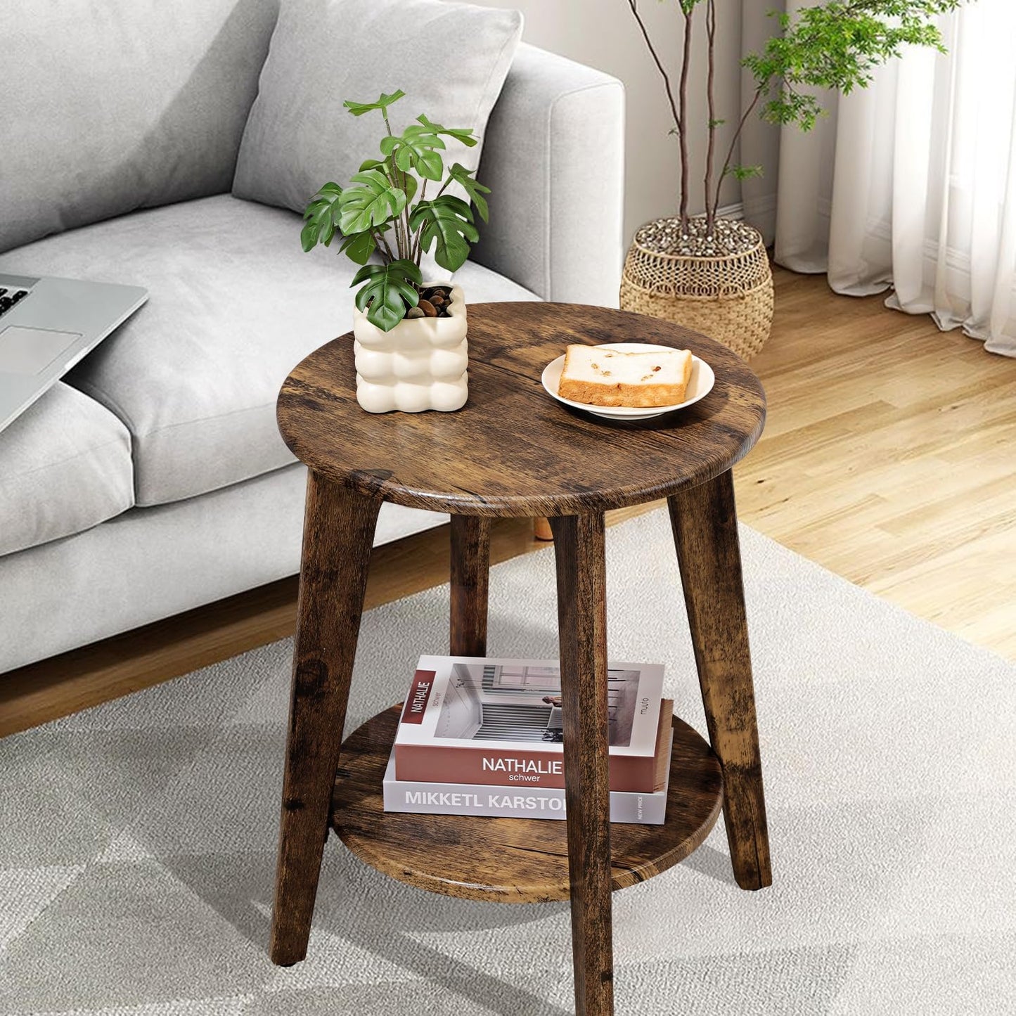 Small Round Side Table Wooden End Table with Lower Shelf Modern Nightstand Bedside Table for Small Spaces, Living Room, Bedroom Retro Brown