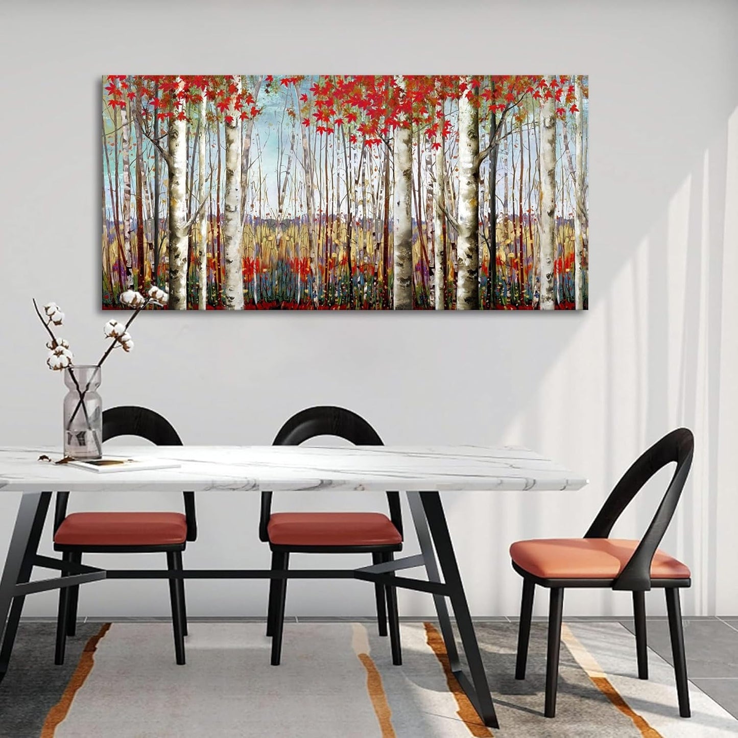 Canvas Wall Art for Living Room Bedroom Modern Wall Decor of Red Leaves White Birch Tree Forest Giclee Print Painting Artwork Wall Decoration 24x48 Large Size with Wood Framed Easy to Hang for Home
