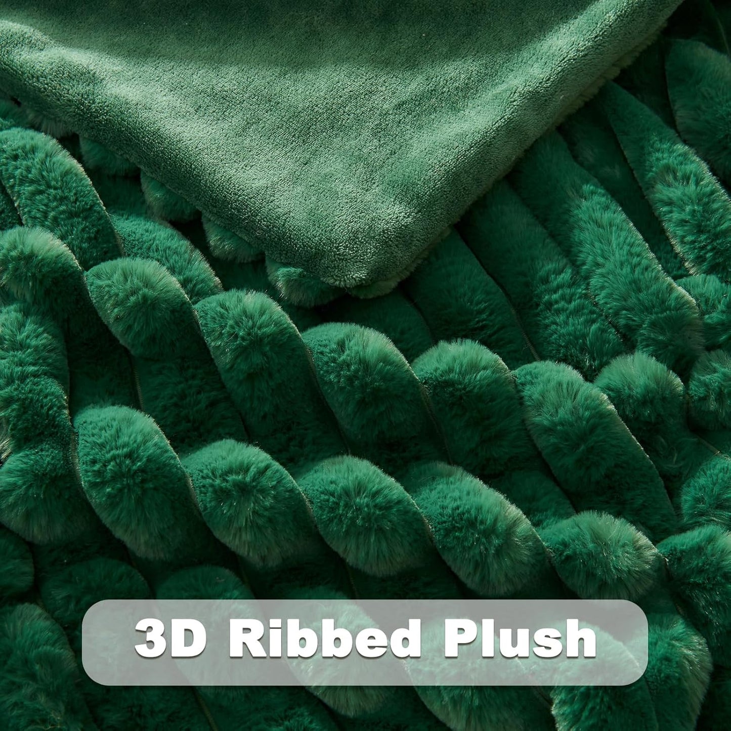 NEWCOSPLAY Faux Fur Twin Blanket Dark Green 3D Ribbed Plush Thick Warm Blanket for Couch Sofa Bed 850GSM (Dark Green Ribbed, Twin(60"x80"))