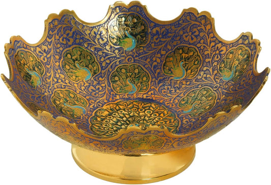 Brass Decorative Dry Fruit Bowl Multipurpose Serving Bowl carving Work - Size- 7" Beautiful Blue Color Peacock design Kitchenware Gift