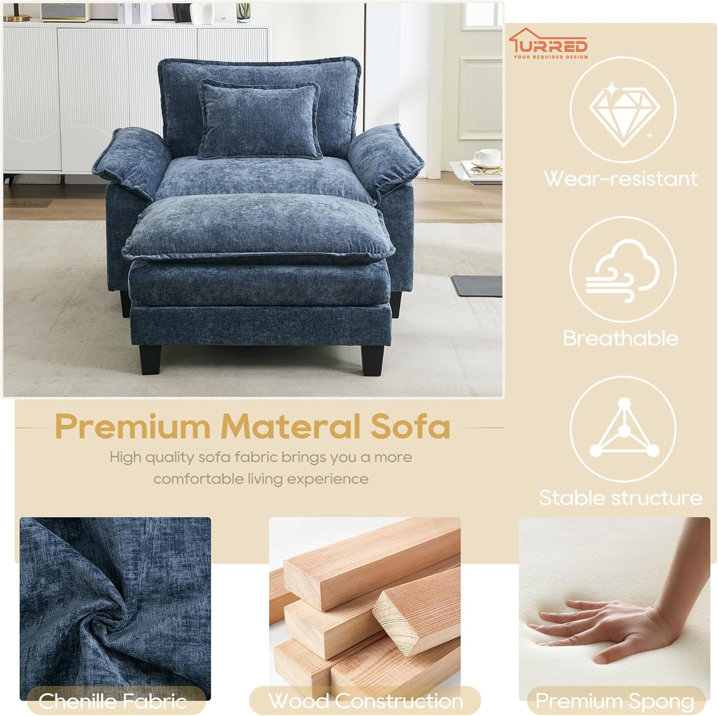 URRED Modular Sectional Sofa Comfy Cloud Couch, Modern Chenille Sofa Sleeper Deep Seat Couches with Ottoman/Pillows for Living Room (Blue, 53''- Ottoman)