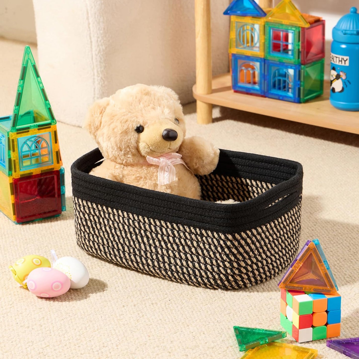 Small Storage Baskets for Organizing | Closet Organizer Bins | Shelf Toy Basket | Woven Rope Baskets | Cube Decorative Box | Shallow Basket | 13x8.5x5.1” | 4 Packs Black Brown
