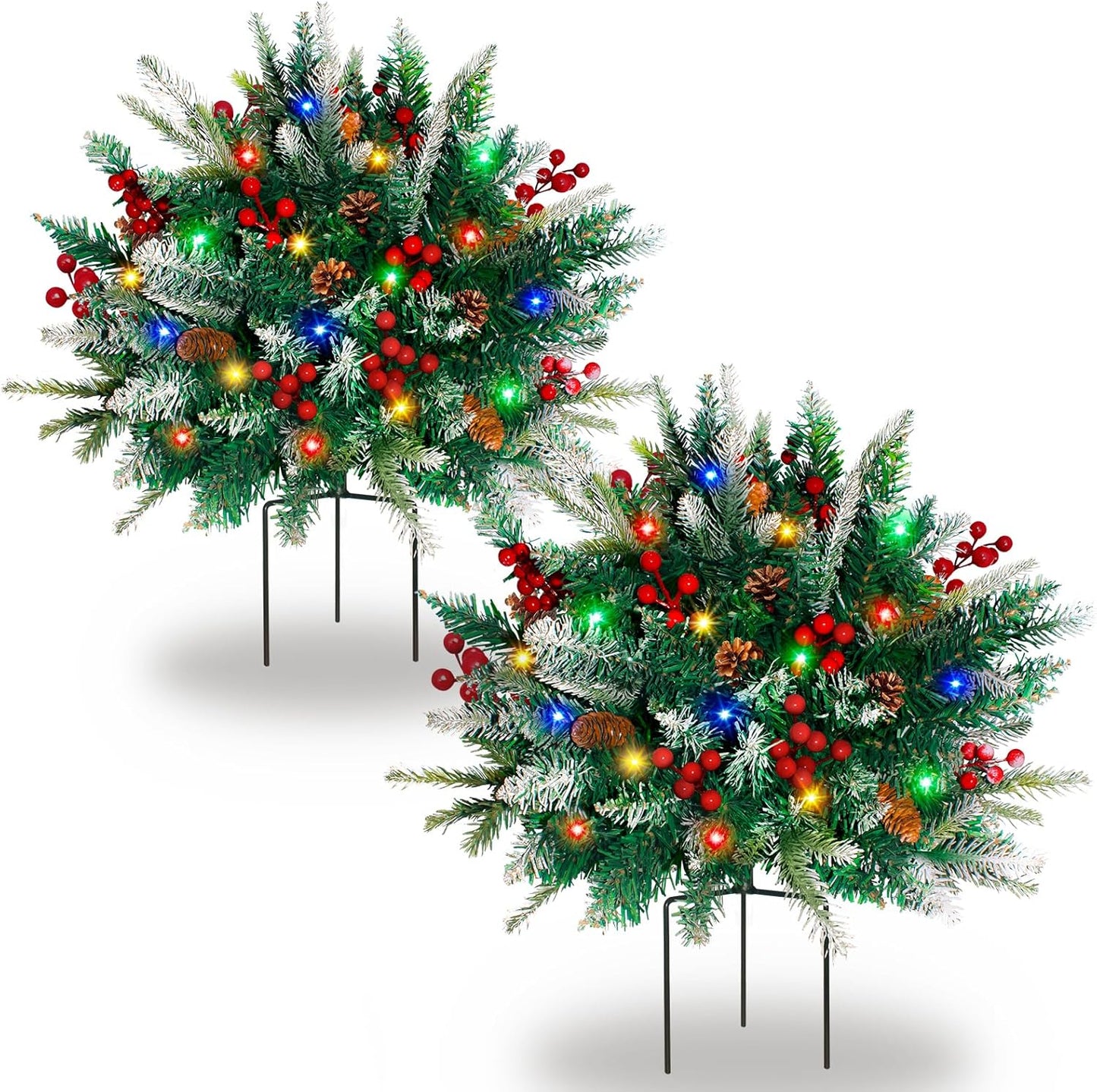 2 Pack Lighted Artificial Christmas Urn Filler, Battery Operated Pre-lit Xmas Pine Trees, Tripod Stake and 60 LED Lights, Holiday Porch Decorations for Porch, Yard, Garden, Flower Beds（Multicolor）