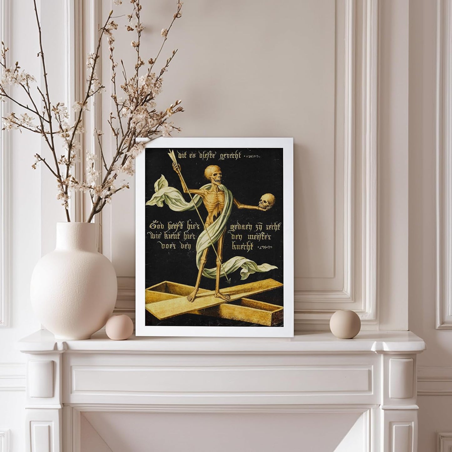 Poster Master Vintage Medieval Poster - Retro Gothic Print - Gift for Artist, Friend - Allegory of Life and Death, Skeleton, Dark, Skull - Wall Decor for Home, Living Room, 8x10 White Framed