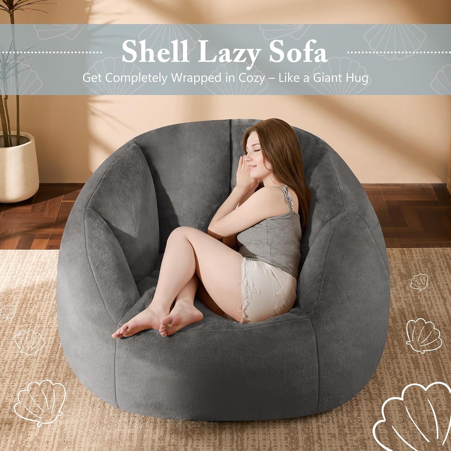 Giant Bean Bag Swivel Chair for Adults - Comfy Plush Round Shell Soft Accent Beanbag Chair, Oversized Cozy Floor Sofa Reading Chair for Living Room, Bedroom & Game Rooms, Gray