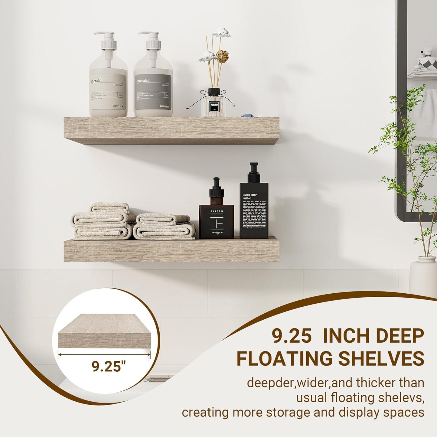 16 Inch Floating Shelves, 3D Textured Wood Grain, 16"x9.25"x1.5" Inch Deep Floating Shelves for Wall, Wooden Shelves for Bathroom, Bedroom, Living Room, Vintage White Oak