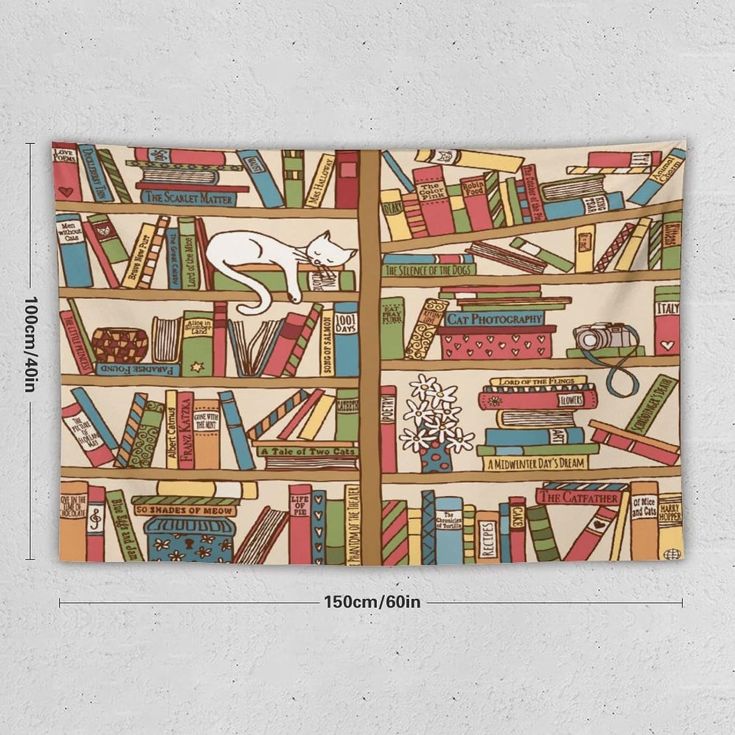 Kurtect Bookshelf Tapestry,Cute Cartoon Cat Sleeping Library Theme Pattern Print Tapestries for Party Beach Picnic Blankets Tablecloths Living Room Wall Deocr, 40x60 in