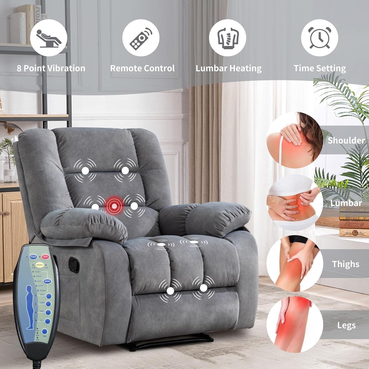 Massage Recliner Chair with Heat and Massage, Soft Fabric Ergonomic Manual Reclining Chairs, Heavy Duty Reclining Sofa Chair with Side Pockets for Living Room (Light Grey)