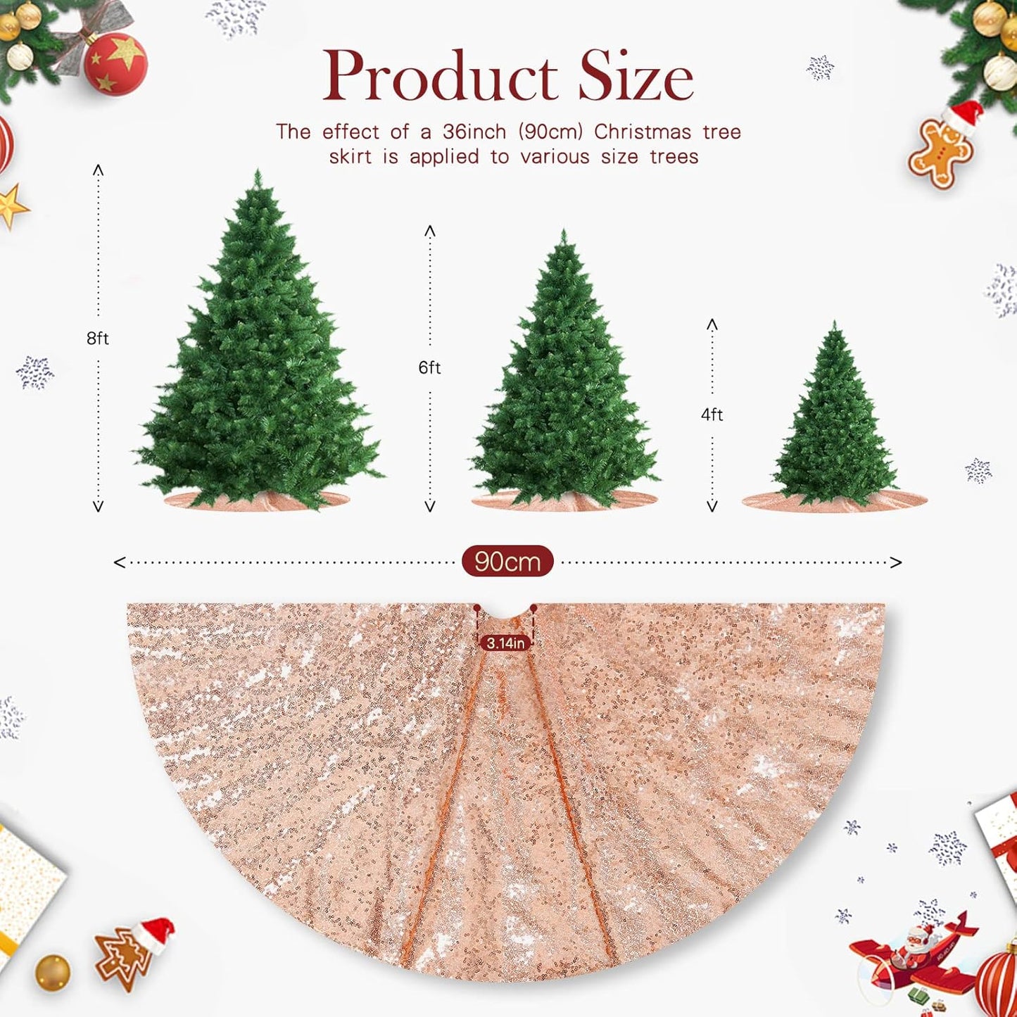 Small Christmas Tree Skirt 36 Inch Rose Gold Tree Skirt Sequin Tree Skirt for Christmas Decorations