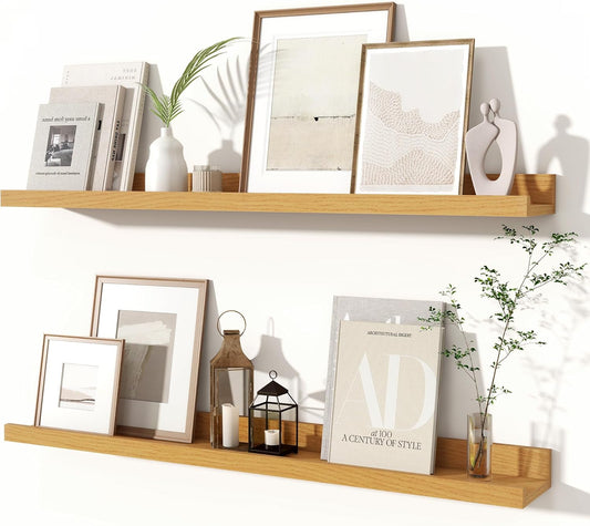 Fun Memories Picture Ledge Shelves Set of 2, 32 Inch Rustic Wall Mounted Floating Shelves with Lip for Home Storage and Décor in Bathroom, Kitchen, Nursery, Bedroom, Living Room, Oak