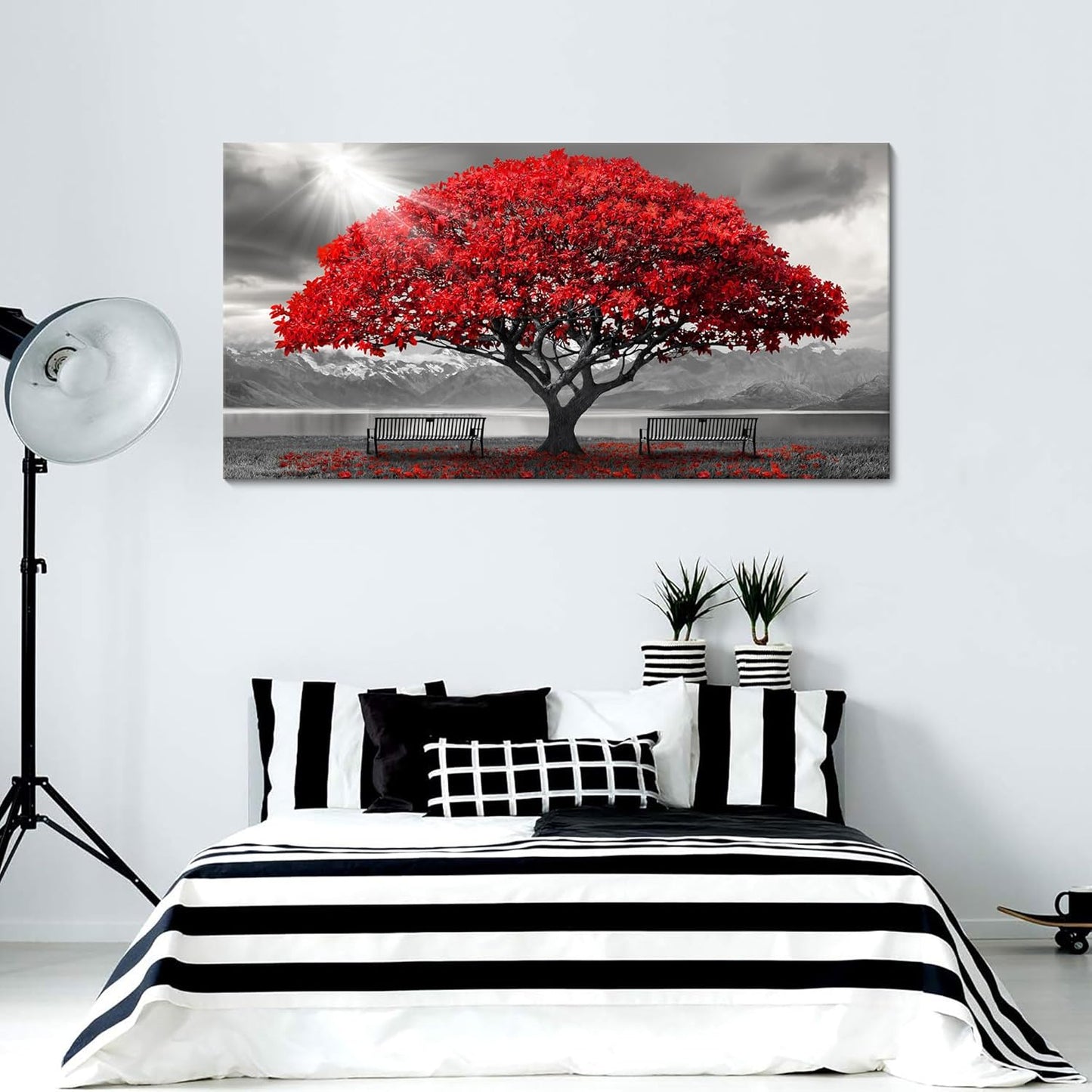AJAZIKO Red Wall Art - Modern Framed Wall Art for Living Room - Red Tree Black and White Landscape Canvas Prints Posters & Prints for Home Office Bedroom Decorations - Large Wall Pictures 24×48IN