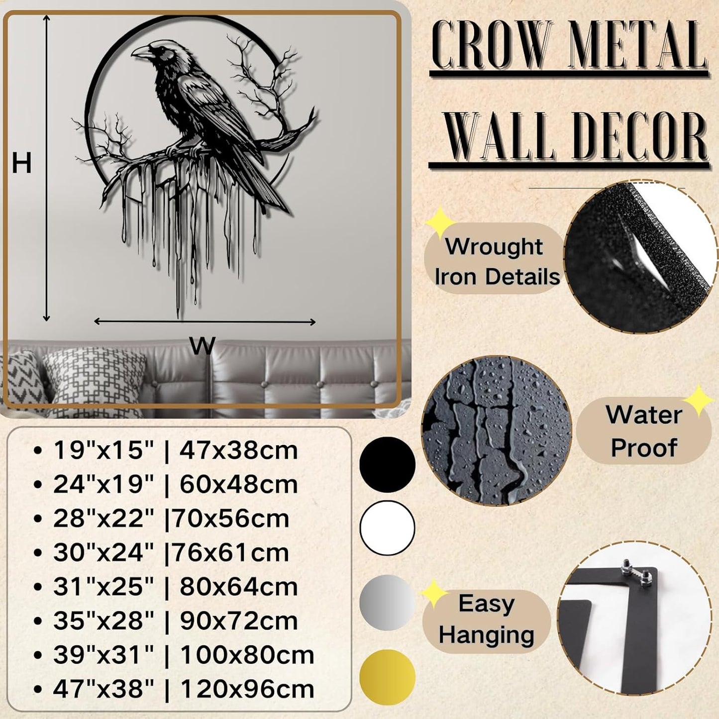 Crow Metal Wall Decor, Raven Wall Art, Large Gothic Raven Decor Hangings, Bird Wall Decor, Metal Tree Branch Decor, Ravens Sign, Raven Art for Living Room (Black, 28"x22" |70x56cm, metal wall art)