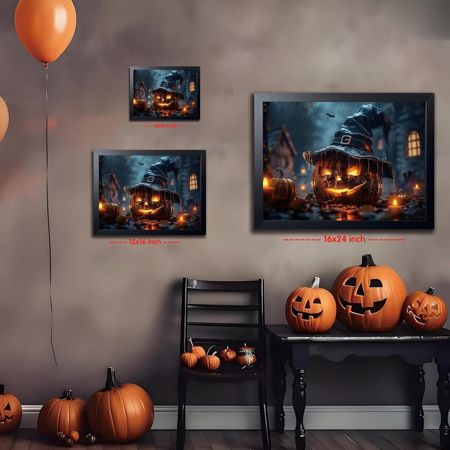 Wood Framed Dark Halloween Pumpkin Wall Art, Gothic Witch Hat Jack-o'-Lantern Canvas Print, Dark Academia Spooky Haunted House Poster Wall Art for Living Room Bedroom Room Aesthetics 8x10 inch