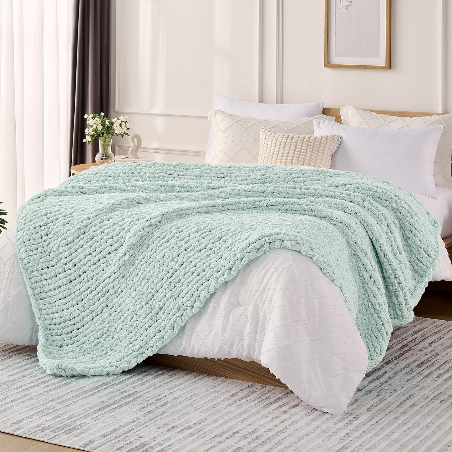 L'AGRATY Chunky Knit Blanket Throw: 60''x80'' Chenille Chunky Knitted Throw Blanket for Bed Couch - Handmade Thick Big Cable Knit Blanket - Large Crochet Rope Blanket for Home Decor(Mint Green)
