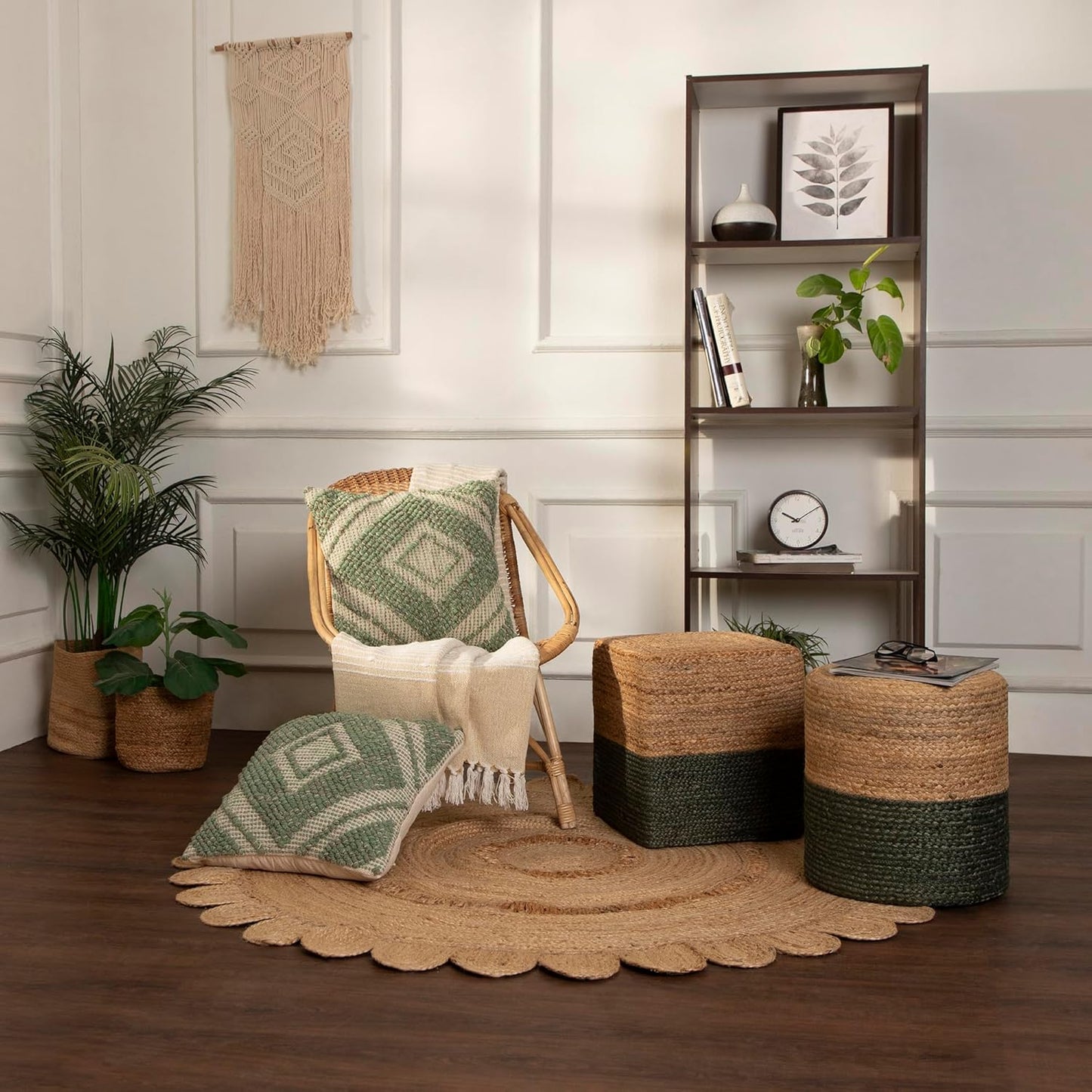 REDEARTH · Cylindrical Pouf Foot Stool Ottoman - Jute Braided Pouffe Poof Accent Sitting Footrest for The Living Room, Bedroom, Nursery, Patio, Lounge - Set of 2 (14.5”x14.5”x16”; Natural Olive)