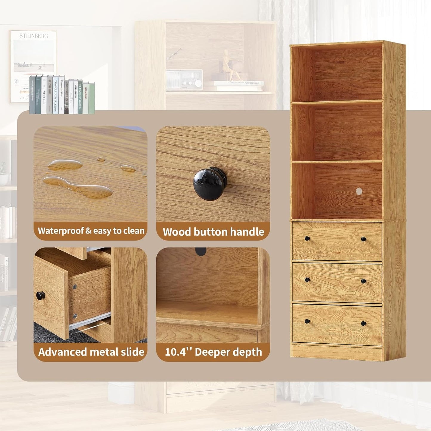 71" Tall Bookshelves Set of 3, 2 Bookcases with Drawers & 1 Bookshelf with Doors, Wooden Bookshelves Floor Standing Display Storage Shelves Home Decor Furniture for Home Office, Living Room