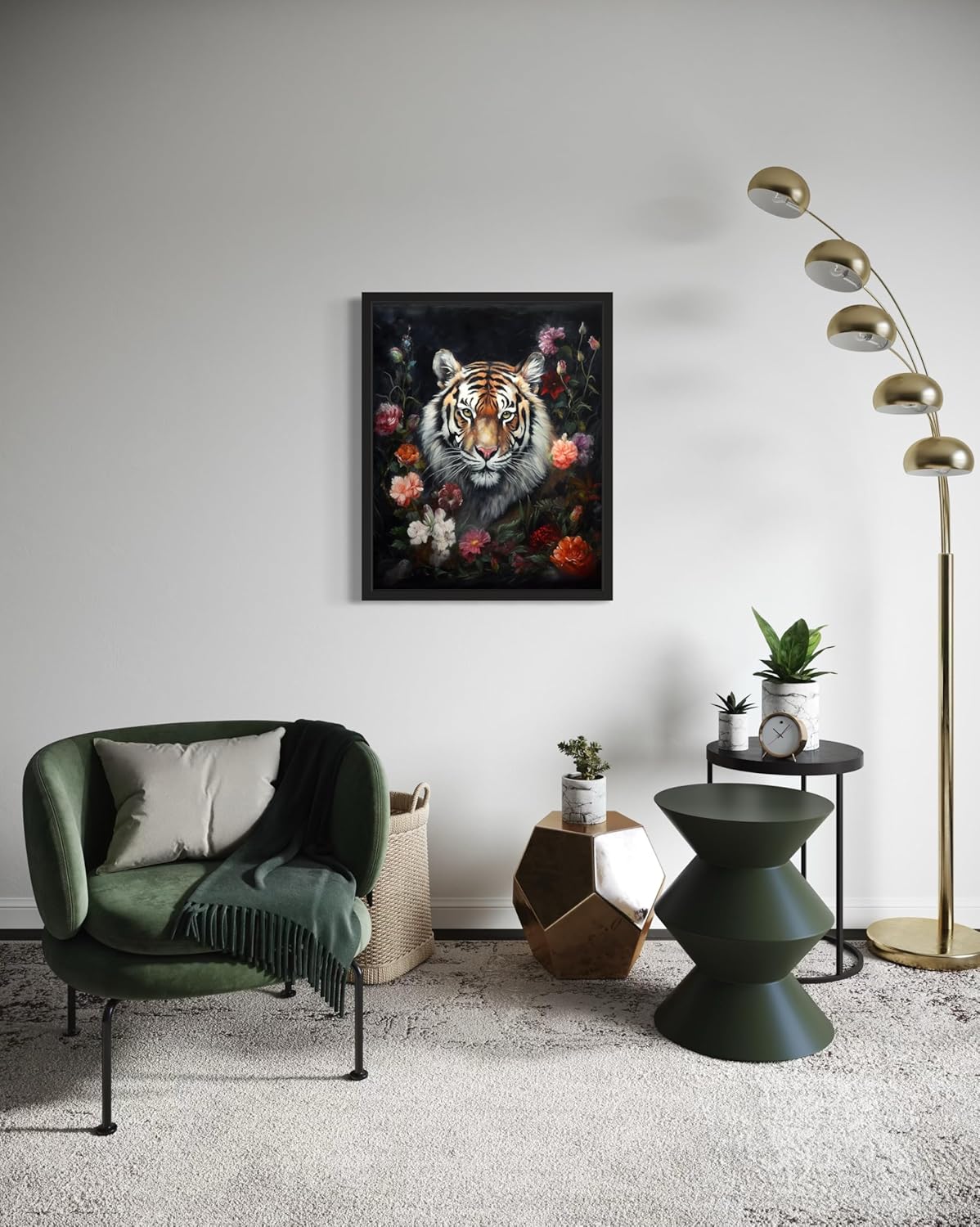 Tiger and Flower Poster Art Print, Halloween Scary Vintage Wall Art Academia Spooky Painting Decoration for Horror Prints, Gothic Posters Bedroom Decor 89 (Tiger and Flower, 16 x 20 inches, Black Frame)