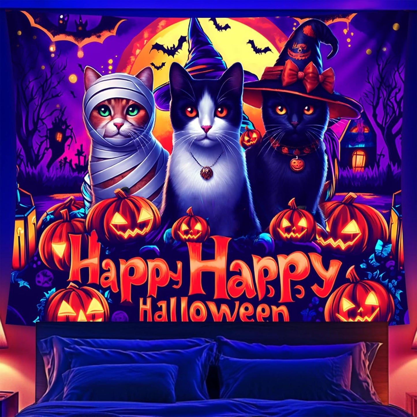 Halloween Tapestry, Blacklight Tapestry for Halloween Party Decor Hanging Tapestries Backdrop Wall Art Poster for Bedroom Dorm 90x70in