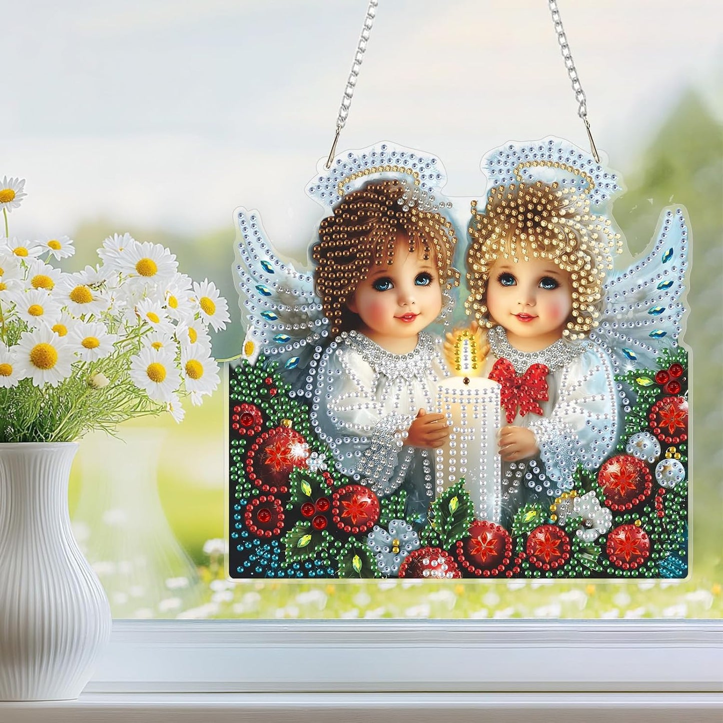 NEWENMO Hanging Diamond Art Kit for Adult, Angels in Heaven, 5D Special Shaped Rhinestone Diamond Painting Ornament, Christmas, DIY Acrylic Diamond Art Painting Window Pendants Home Garden Wall Decor