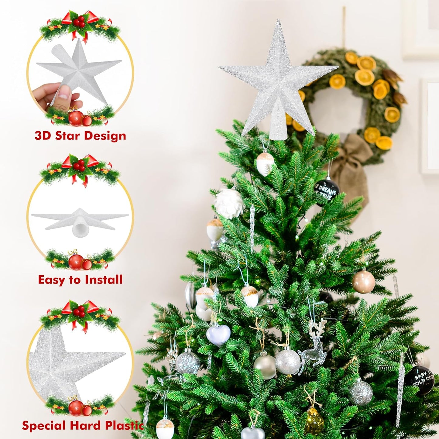 Christmas Tree Topper, 1PCS 4" White Glitter Star Tree Topper, 3D Xmas Shatter-Proof Mini Bethlehem Star Tree Topper Decorations, Waterproof Christmas Decor for Holiday Home Outdoor Ornament