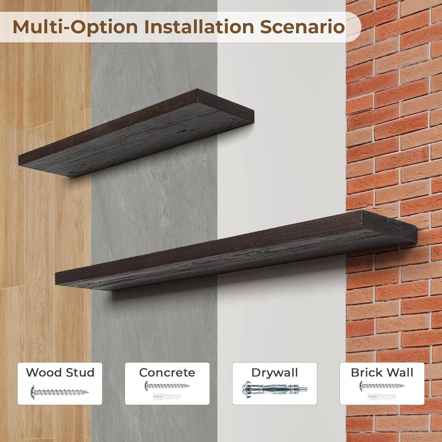 Axeman Floating Shelves for Wall - 32''W x 8'' D Rustic Solid Elm Wood Shelves for Storage, Wall Mounted Display Shelving with Invisible Heavy-Duty Metal Bracket (Walnut, 2PCs)