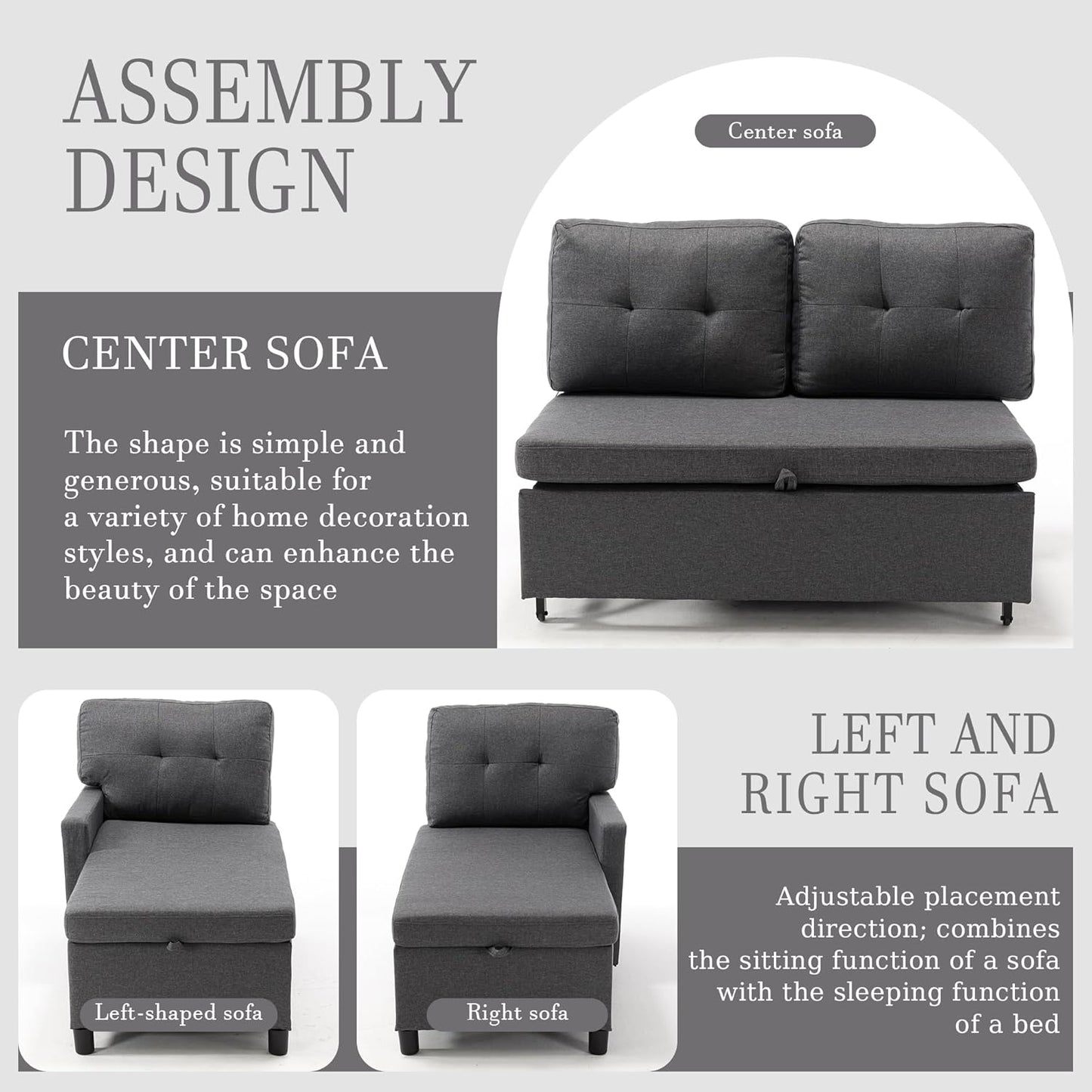 Pull Out Couch, Oversized Sleeper Sofa Couch, Sectional Sleeper Sofa Bed for Living Room Bedroom Lounge (Grey, 110 Inch)