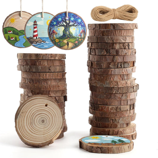 JOHOUSE 40Pcs Wood Slices, 2.9"-3.4" Unfinished Natural Wood Rounds for Crafts, Christmas Ornaments, Home Decor, Painting, Coasters, DIY Gifts, Party Wedding Decor, with Pre-drilled Hole