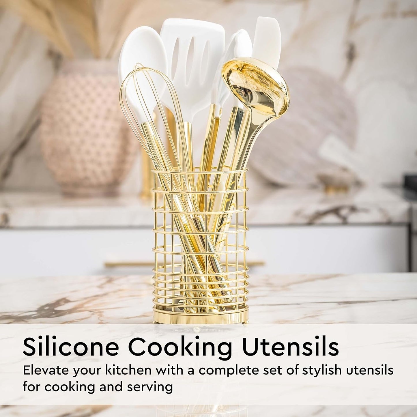 White and Gold Kitchen Utensils Set - 23-Piece Gold Kitchen Accessories Include Measuring Cups and Spoons Set, Silicone Utensils, and Utensil Holder for Baking, Cooking, and Stylish Kitchen Decor