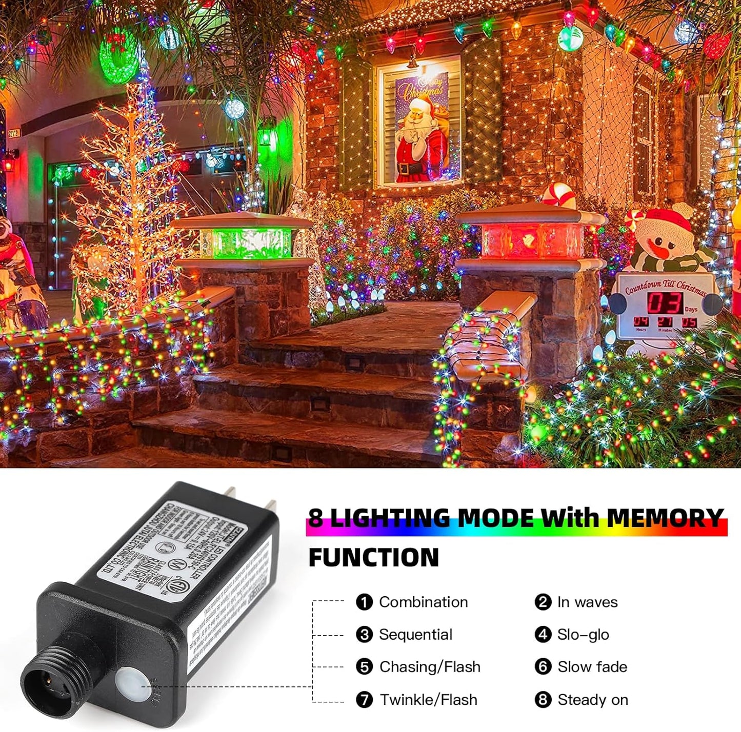 XTF2015 262FT 800 LED Christmas String Lights, Christmas Lights Plug 8 Modes Memory Function with Timer, UL Certified Outdoor Indoor Fairy Light Christmas Tree, Patio, Party (Multicolor)