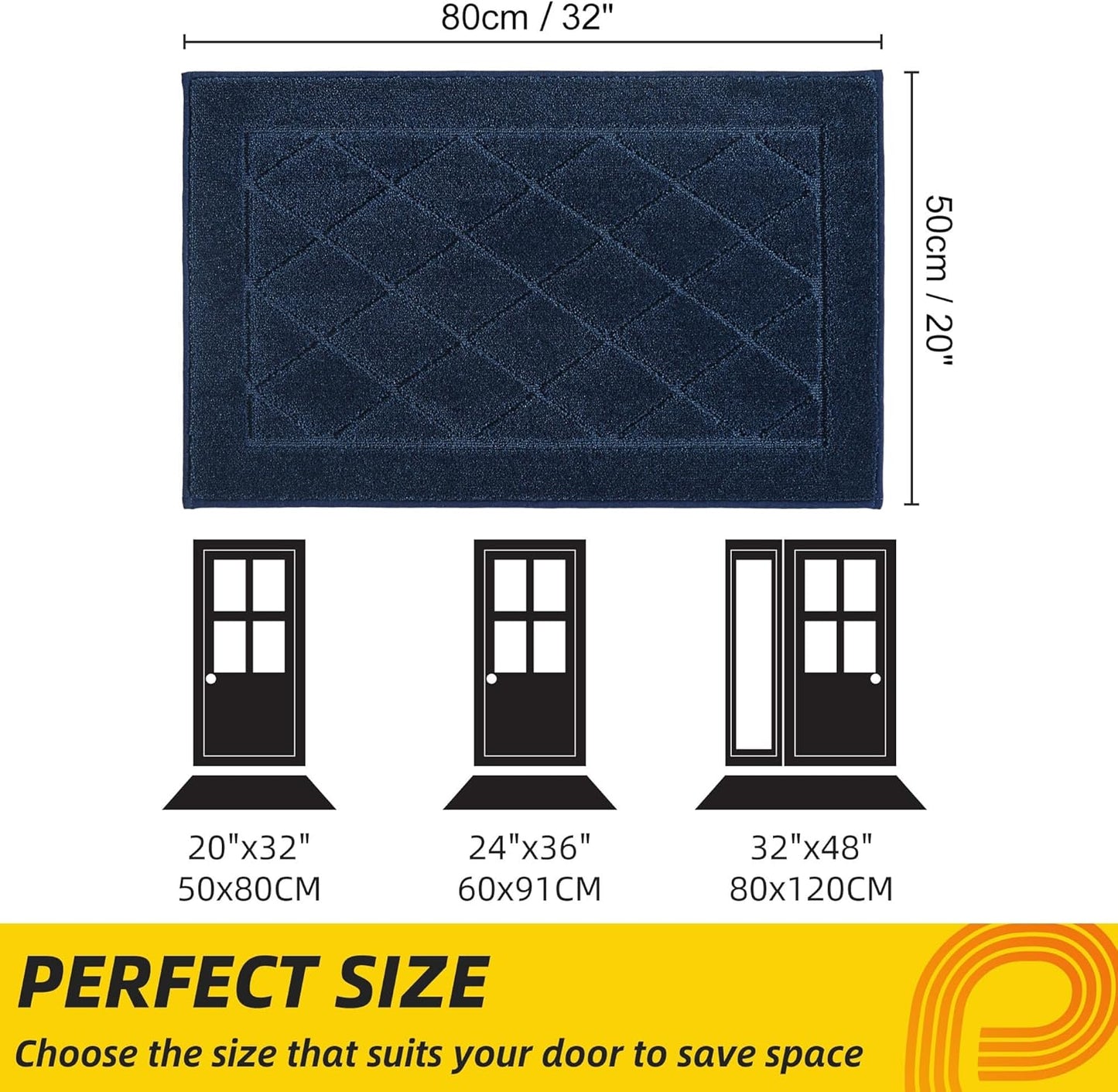 JSEI Dirt Trapper Door Mat 20"x32", Non-Slip Washable Entryway Mats, Dog Door Mat, Stain Resistant and Absorbent Floor Mats, Low Profile Welcome Mat for Front Back Door, Navy Blue