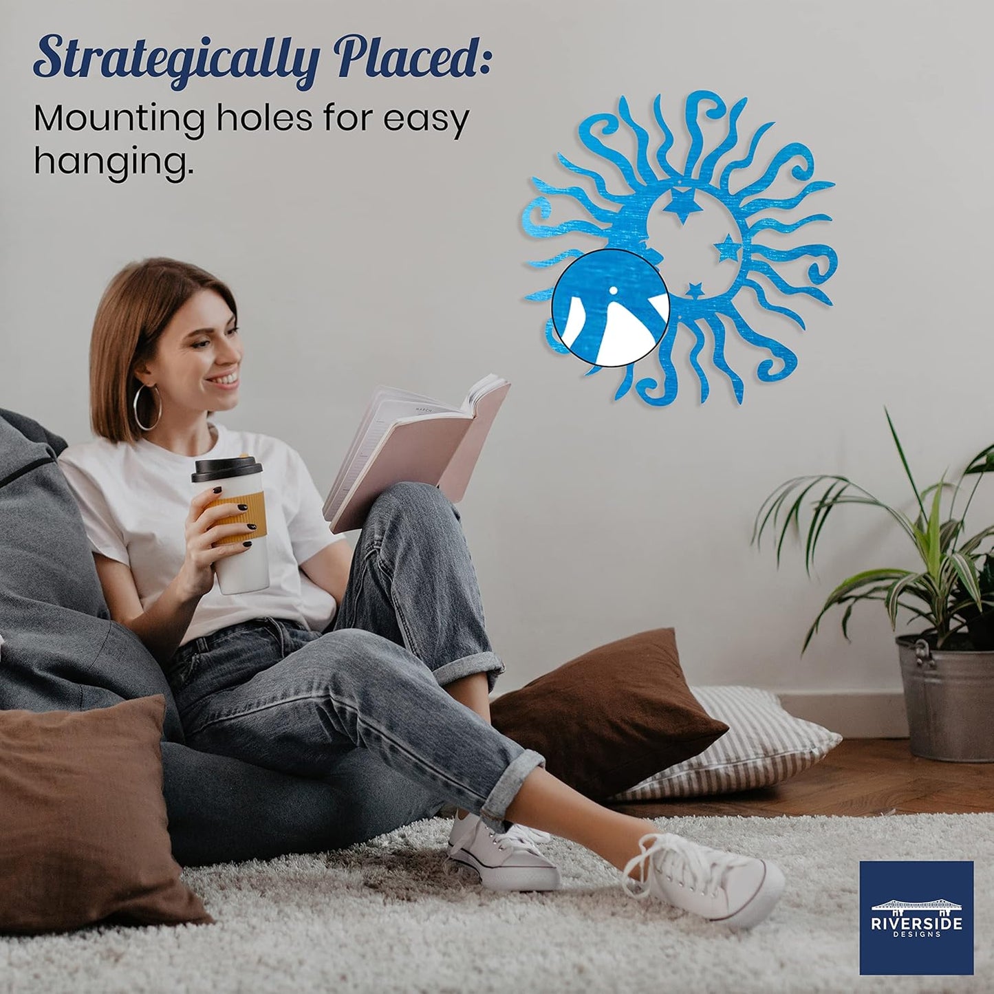 Riverside Designs Wacky Solar Moon Metal Wall Art Steel Outdoor Decor | Heavy-Duty and Waterproof | Made in USA (Teal, 36L x 36W)