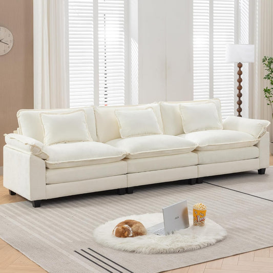 URRED Modular Sectional Sofa Comfy Cloud Couch, Modern Chenille Sofa Sleeper Deep Seat Couches with Ottoman/Pillows for Living Room (White, 117'')