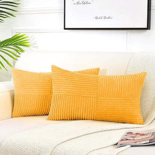 Fancy Homi 2 Packs Gold Yellow Lumbar Decorative Throw Pillow Covers 12x20 Inch for Couch Bed Sofa, Rustic Farmhouse Boho Spring Home Decor, Soft Striped Corduroy Rectangle Accent Cushion Case 30x50cm