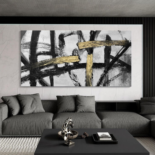 Large Black and White Wall Art, Modern Paintings Gold Abstract Graffiti Canvas Artwork Wall Pictures for Living Room Bedroom Dining Room Home Office Decor 24x48 In