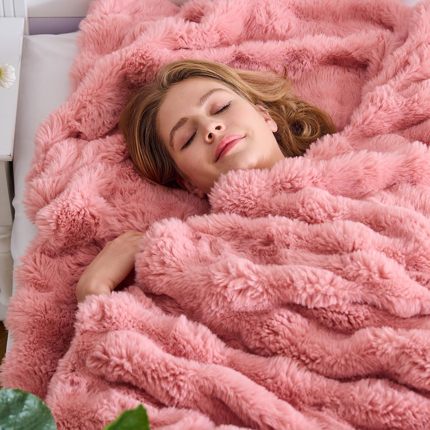 Lotus Karen Faux Fur Blanket - Old Pink Twin Size, Big Bubble Rabbit Fluff Blanket for Couch, 60x80 Inches