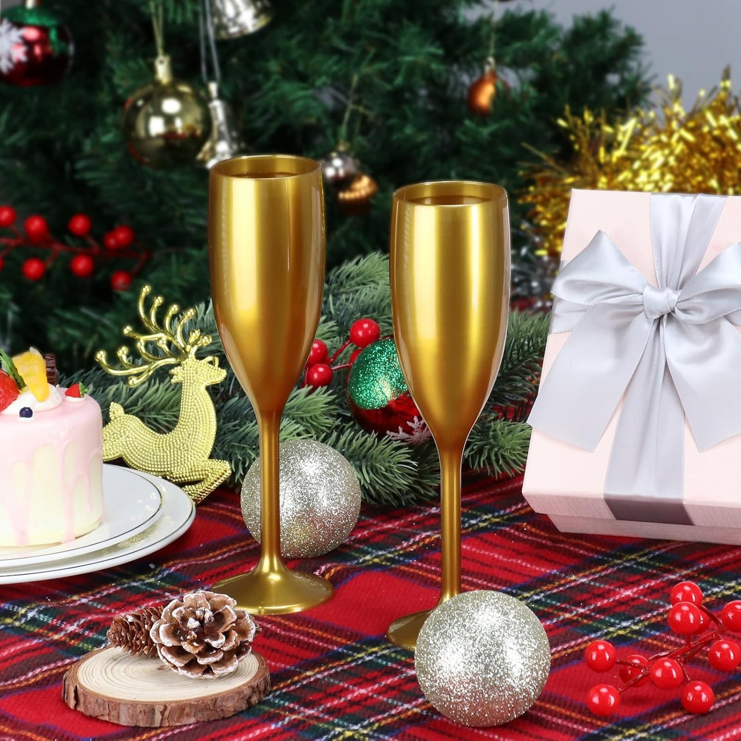 XUWAIDSGN Acrylic Champagne Flutes Toasting Glasses Unbreakable Mimosa Bar Reusable Wine Glasses Vintage Champagne Flutes Stemmed Drinking Cups 5.4 OZ for Christmas Birthday (10, Gold)