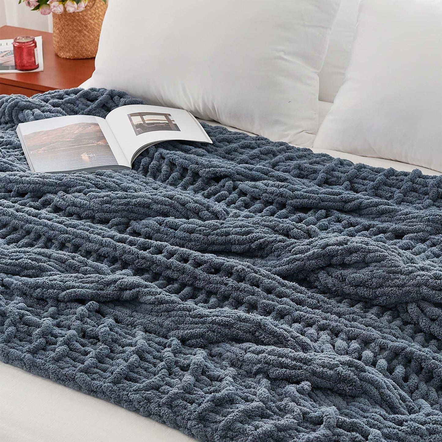 Esterra Chunky Knit Blanket Throw 50"x60", 100% Hand Knitted Chenille Throw Blanket, Cozy Soft Thick Cable Knit Throw Large Rope Knot Crochet Throw Blanket for Sofa Couch Bed, Blue Mirage