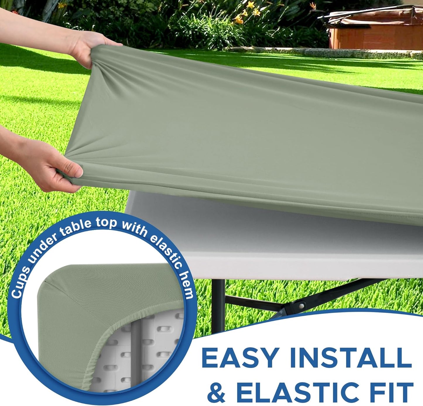Fitted Tablecloth for 8 Foot Rectangle Tables-4 Pack Sage Elastic Outdoor Picnic Table Cover-Spandex Stretch Folding Table Cloths 8ft for Camping Dining Room Patio Kitchen Banquet Party