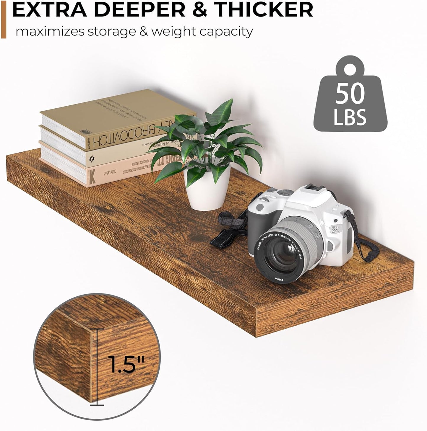 Floating Shelves - 2 Pack 9 Inch Rustic Wooden Wall Shelves - Extra Deeper & Thicker Wall Mounted Storage Shelf for Living Room, Kitchen, Farmhouse - 24" W x 9" D x 1.6" H - Rustic Brown