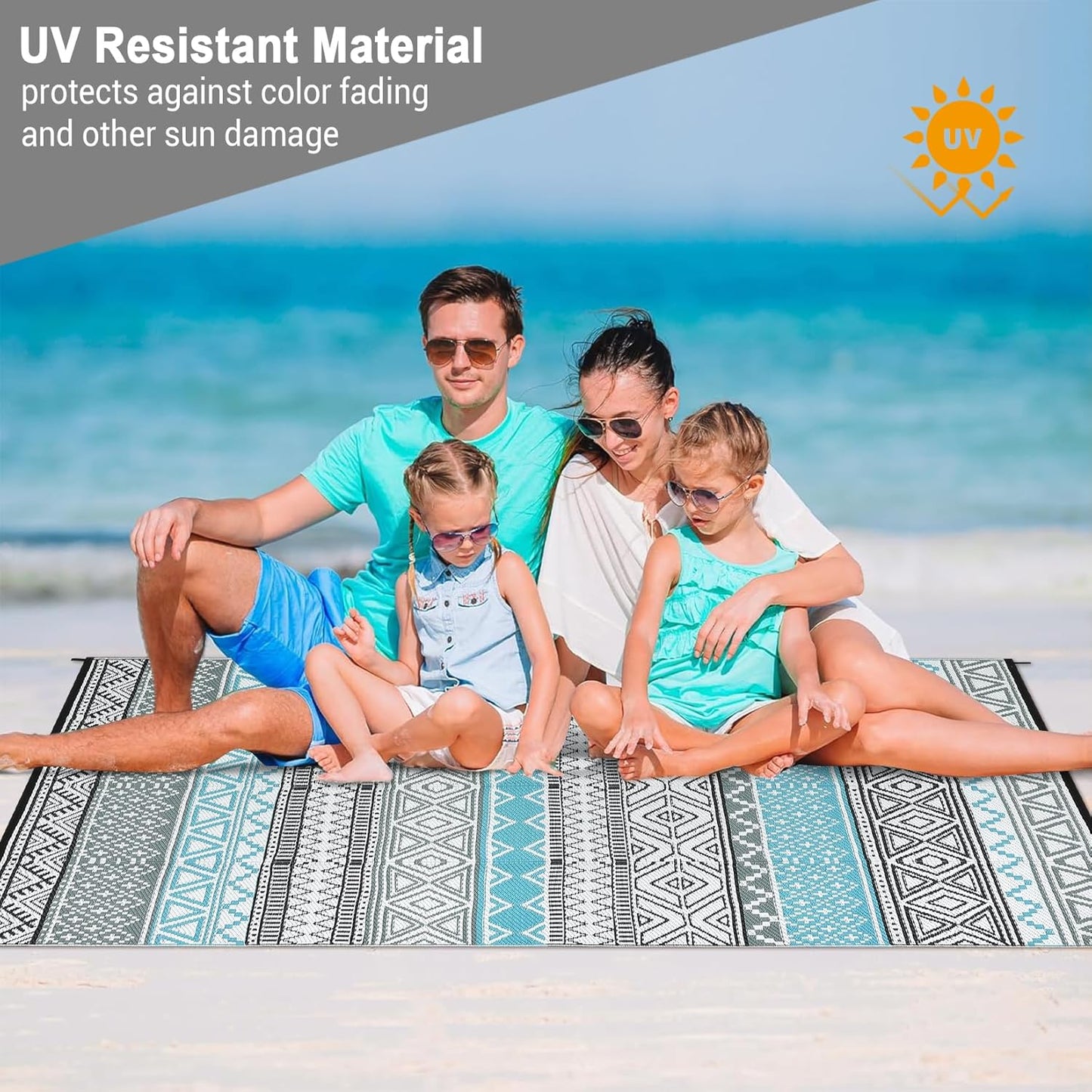 GAOMON Outdoor Rug Waterproof 8'x10', Reversible Outdoor Plastic Straw Rug, Boho Patio Rug, Indoor Outdoor Carpet, RV Mat Outside for Patio, Camp, Picnic, Balcony, Deck, Blue/Grey(Bohemia)