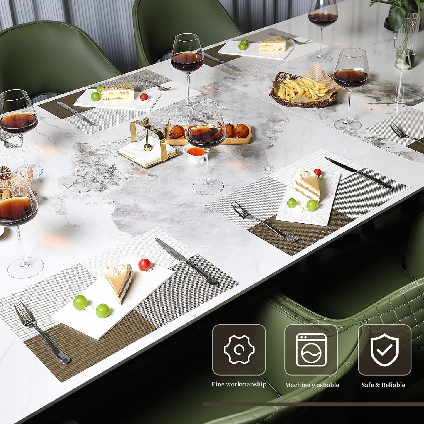 Vinyl Plastic Placemats Set of 6 Washable Heat Resistant Non-Slip Elegant Indoor Outdoor Kitchen Dining PVC Woven Table Place Mats (Light Coffee Lattice Block)