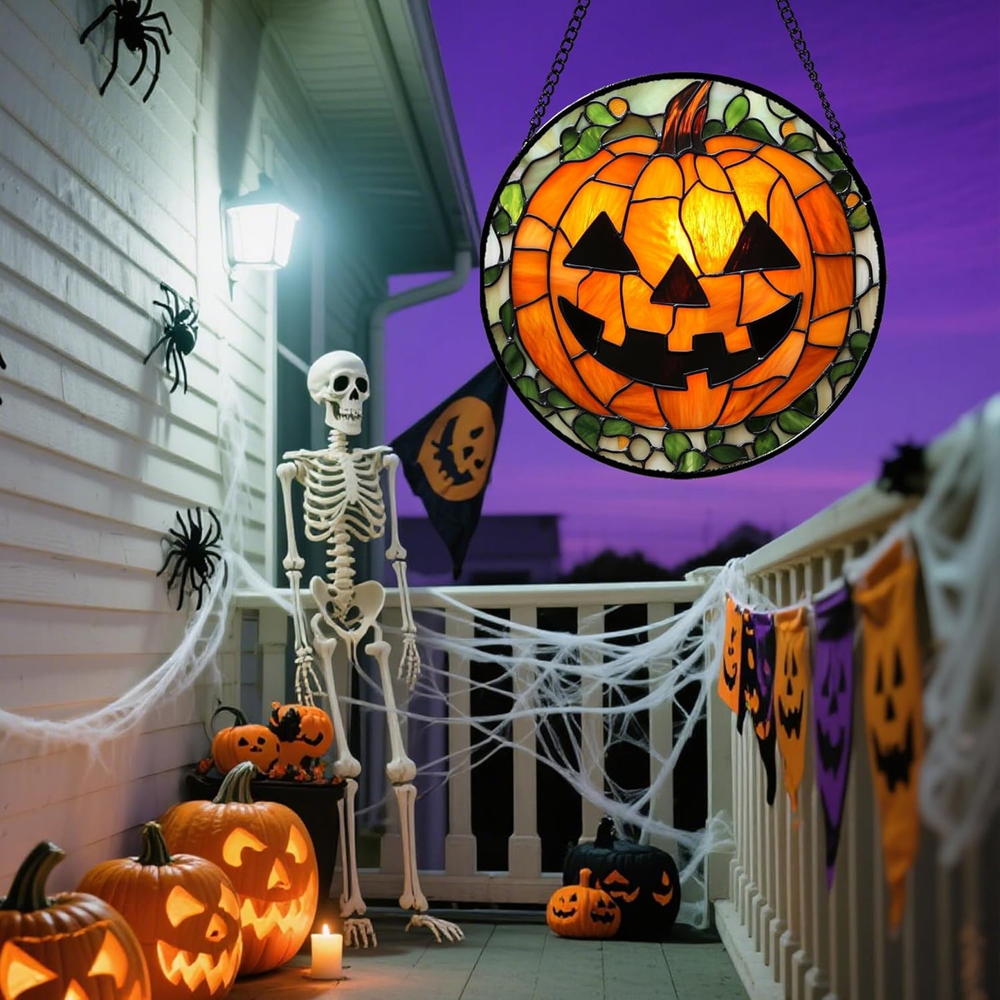 Stained Glass Window Hanging, Halloween Decorations Evil Pumpkin Suncatcher for Doors Garden Indoor Spooky Funny Orange Sun Catchers Gothic Decor Horror Gifts for Women Men Friend 7.8 in