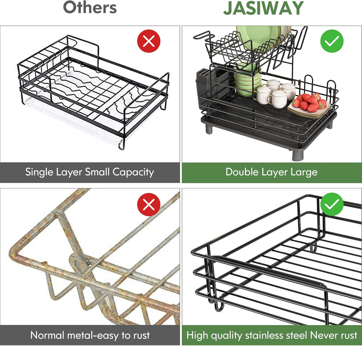 2 Tier Black Large Stainless Steel Dish Drainers Drying Rack for Kitchen Counter with Drainboard, Rust Proof Metal, Space Saving, Modern Aesthetic, Compact Plates Strainers with Extra Mat