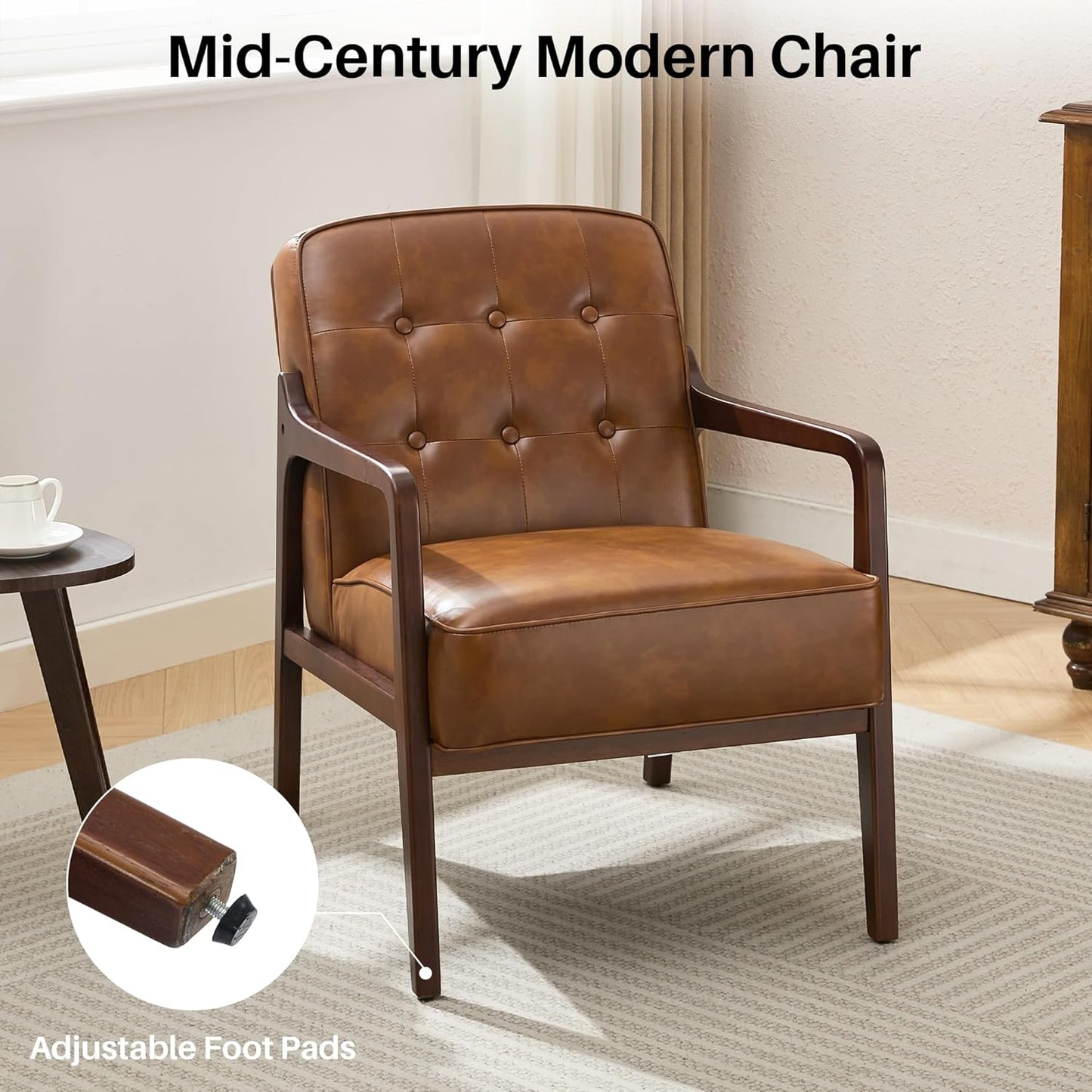 Faux Leather Accent Chair, Mid Century Modern Chair for Living Room, Upholstered Comfy Lounge Armchair with Solid Wood Frame, Reading Side Chair for Bedroom,105°Ergonomic Comfort, Brown