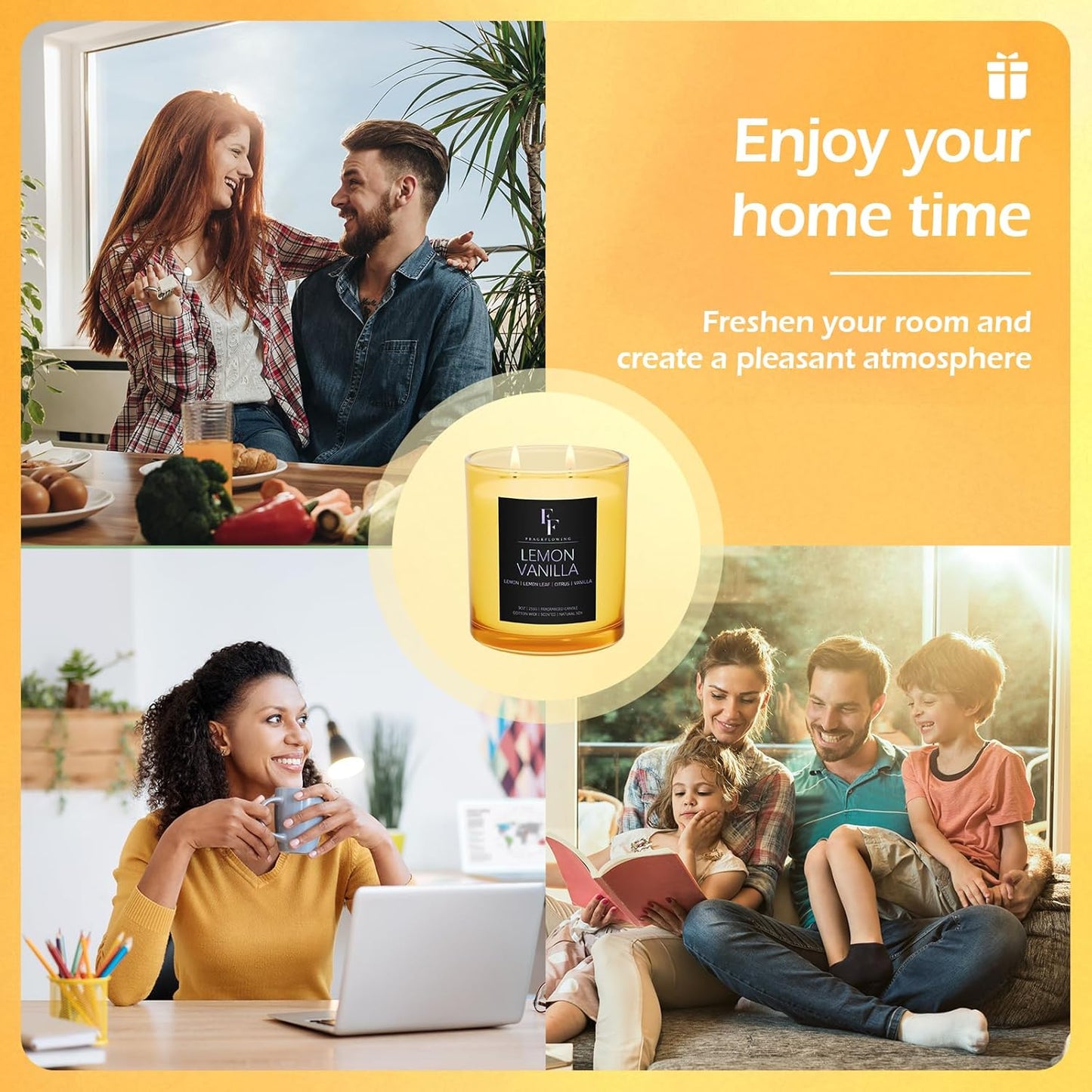 Lemon Vanilla Scented Candle, 2-Wick Luxury Soy Wax Candle, 9 oz Aromatherapy Candle Home Fragrance Candles Gift