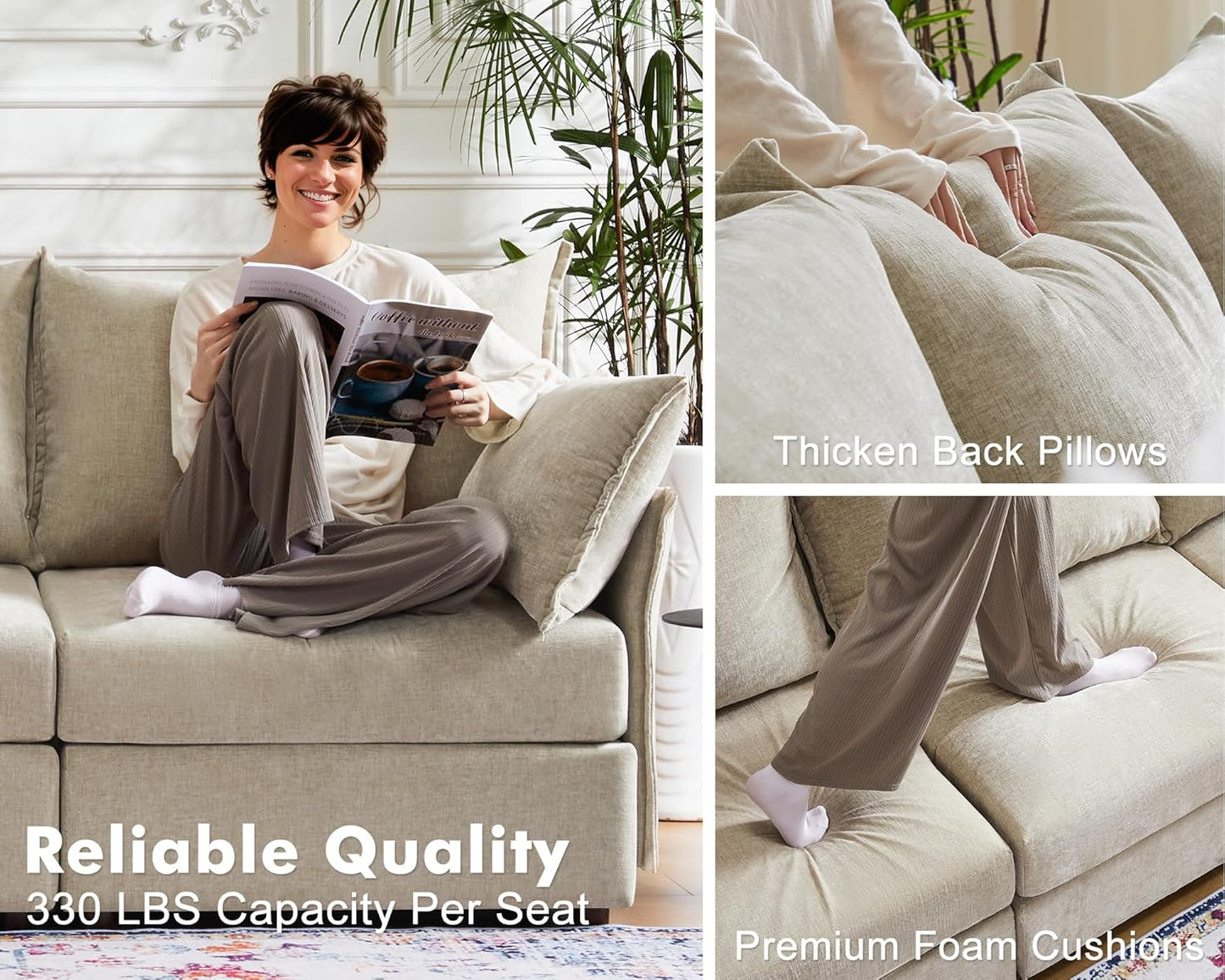 Luxury Modular Sectional Sofa, L-Shaped 3-Seat Couch with Storage Ottoman Deep Seat & Reversible Chaise Lounge Chenille Beige for Compact Spaces, Apartments, Dorm