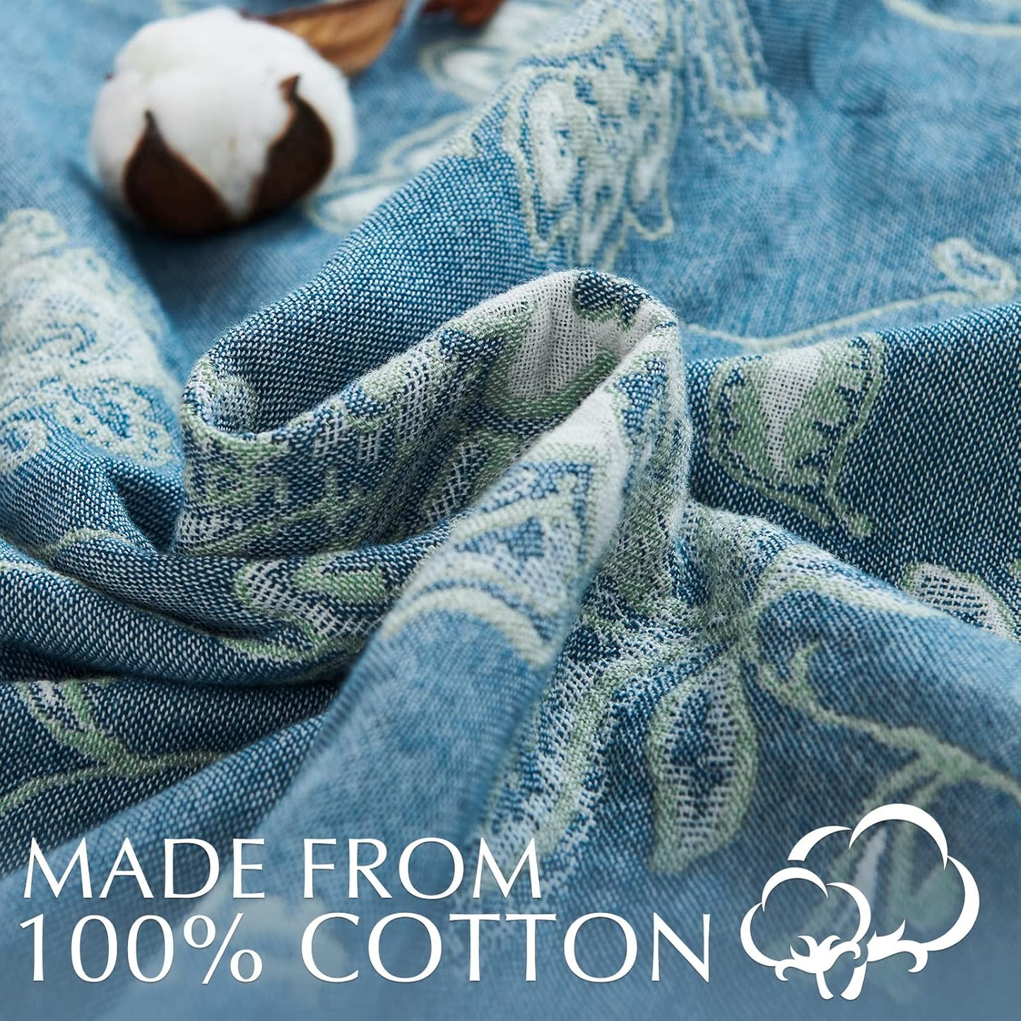 jinchan Boho 100% Cotton Muslin Queen Size 80x90 Inches Blanket Lightweight 4-Layer Quilted Soft Blue and White Floral Throw Blanket Green Accents Reversible Comfy Flower Rustic Summer Couch Bedroom